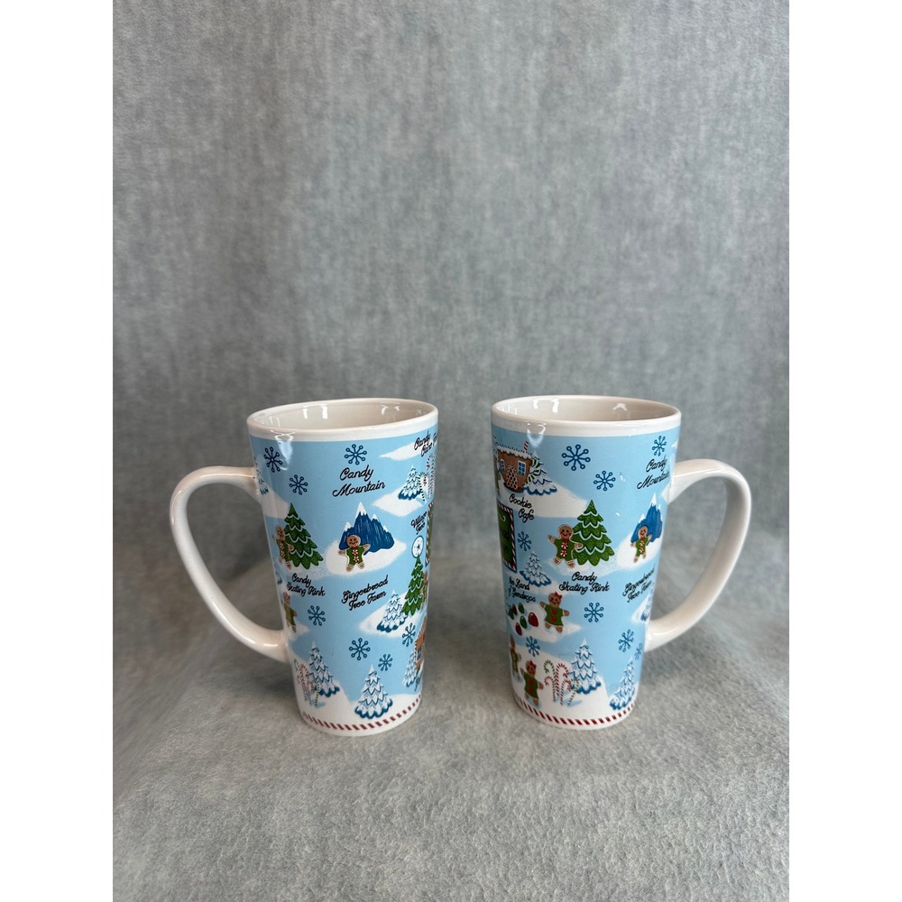 Set of 2 Tall Gingerbread Village Christmas Mugs‎ Latte Coffee Cups 6"